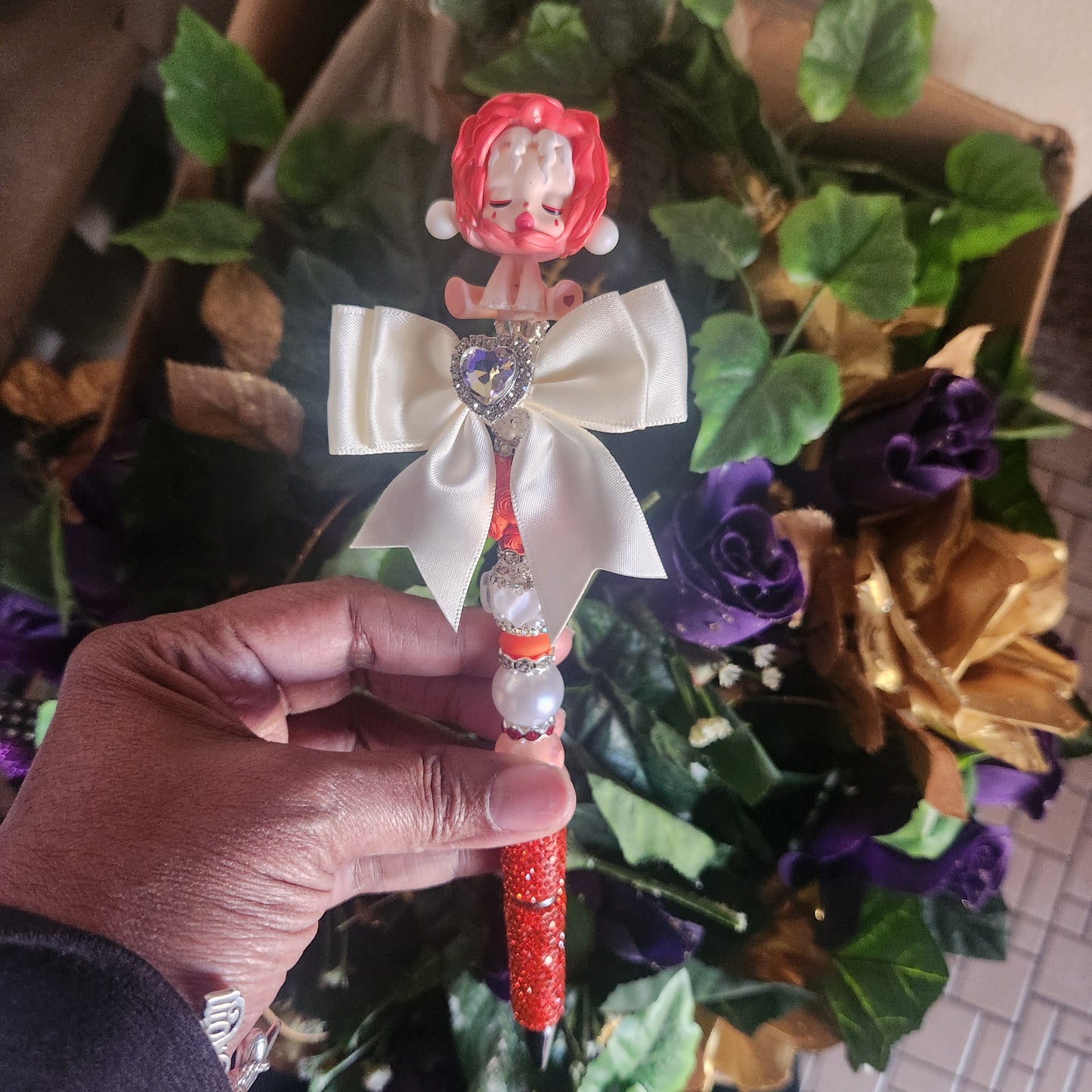 Scull Panda Orange Rhinestone Pen w/ Bow(Premade)