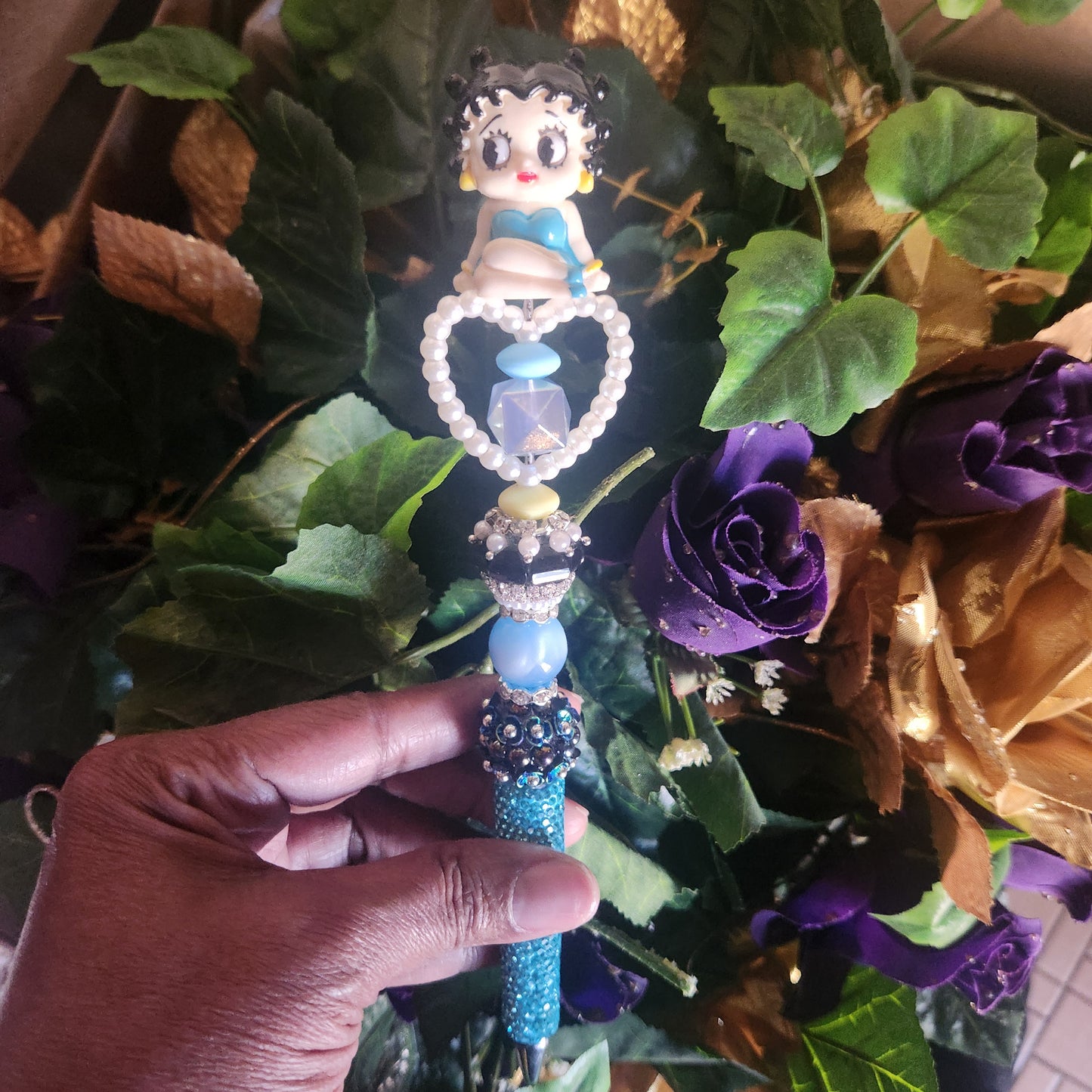 Betty Boop Teal Rhinestone Pen w/ Heart (Premade)