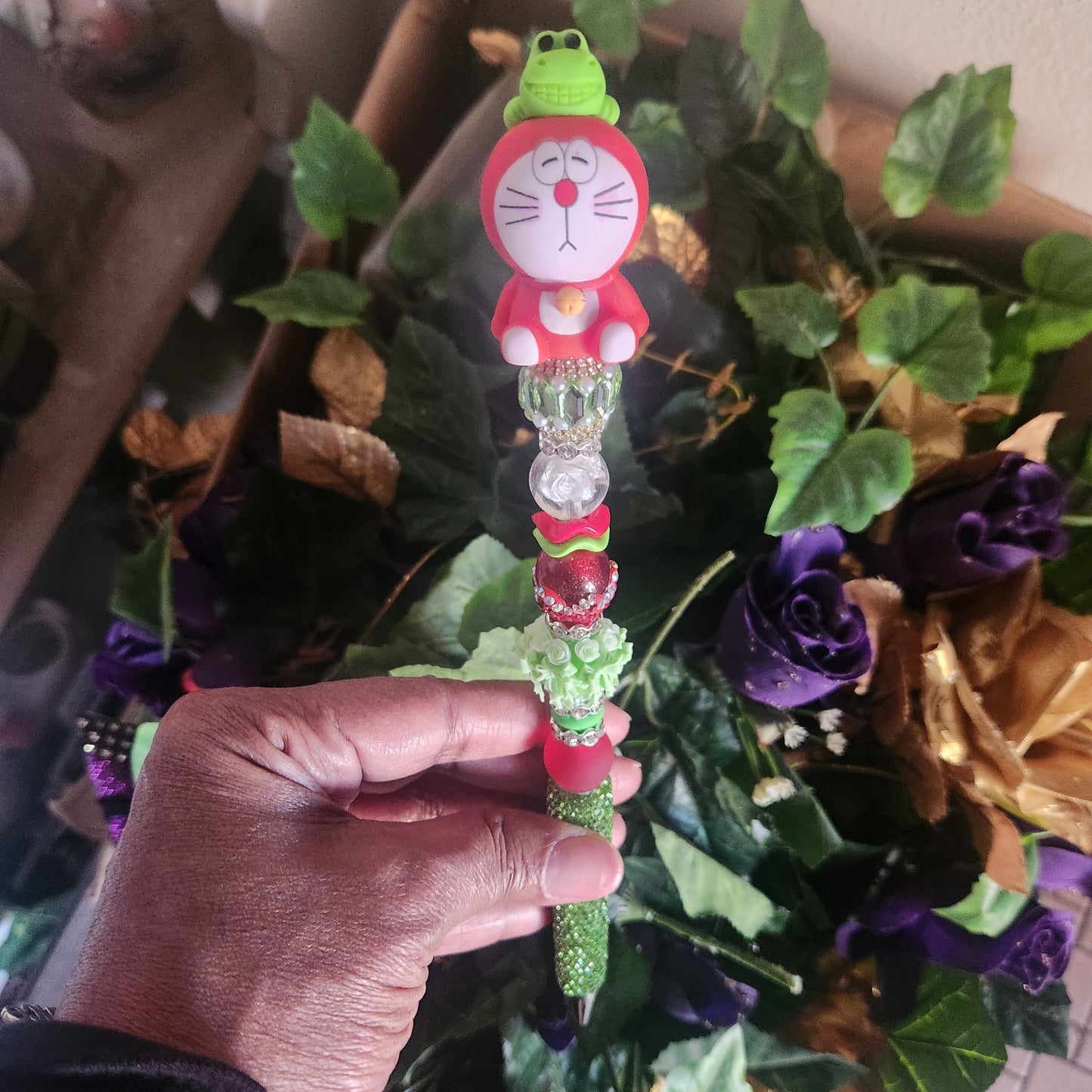 Red Garfield Dinosaur Lime Green Rhinestone Pen (Premade)