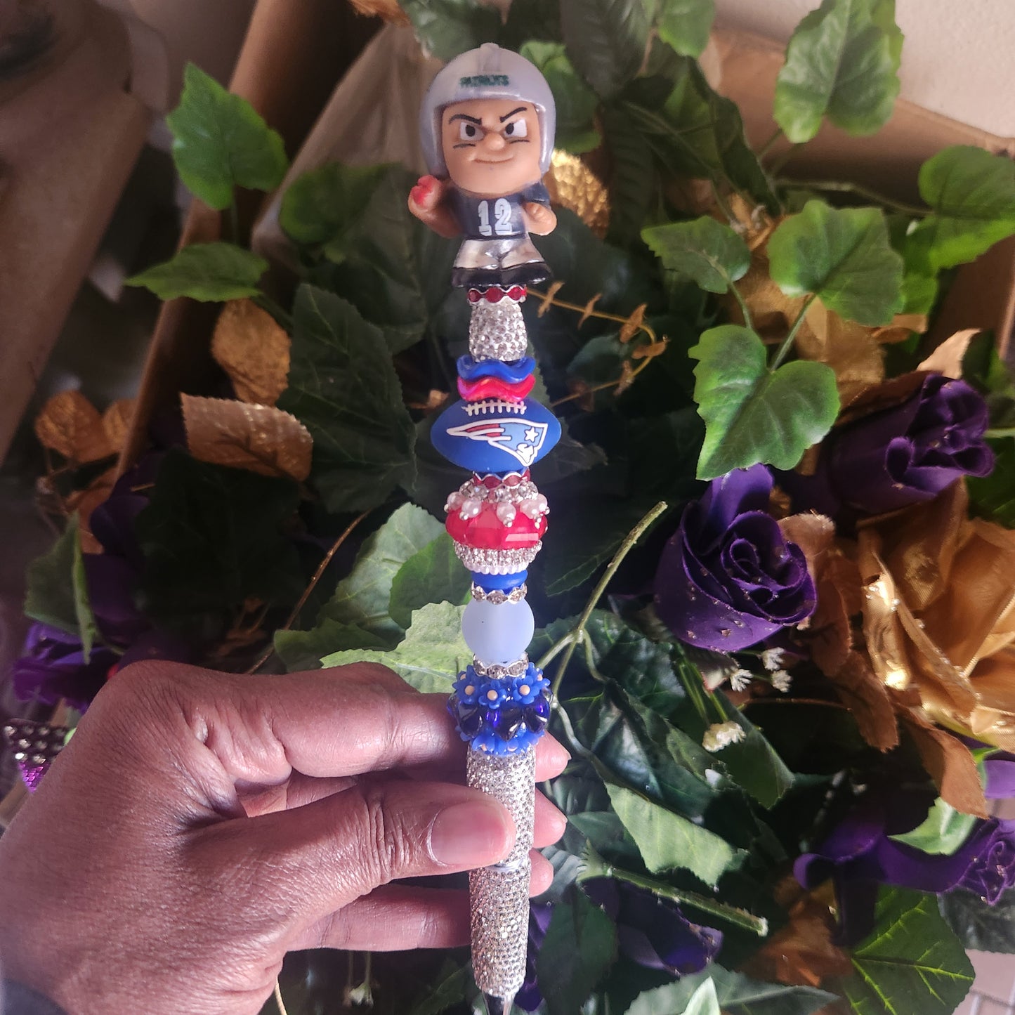 New England Patriots Silver Rhinestone Pen (Premade)