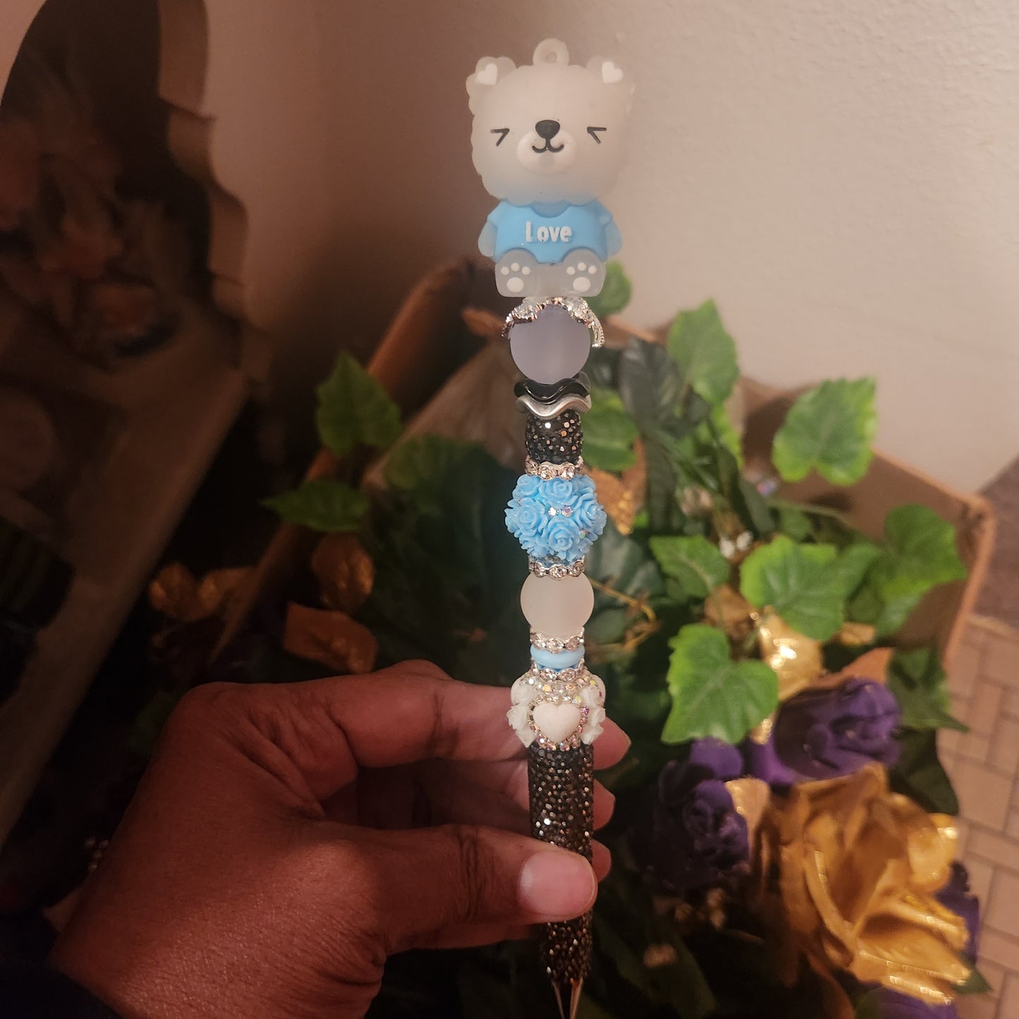 White Bear w/ Hearts Black Rhinestone Pen (Premade)