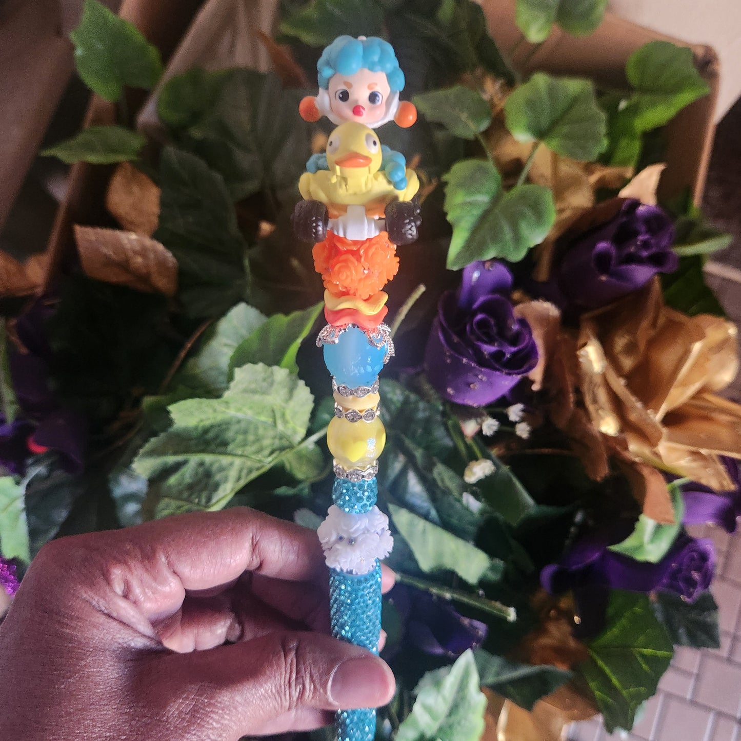 Skull Panda Duck Teal Rhinestone Pen (Premade)