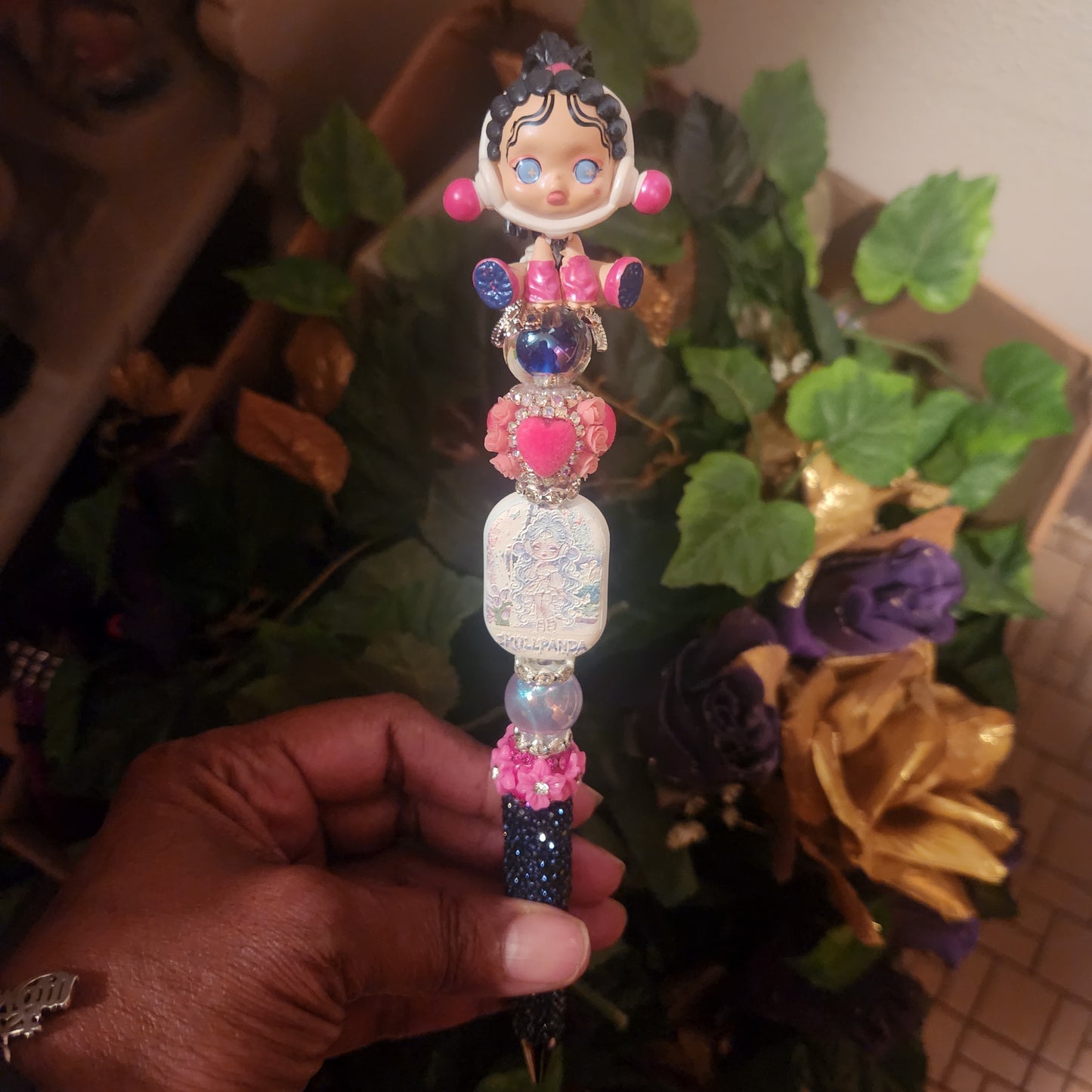 Skull Panda Pink Black Rhinestone Pen (Premade)