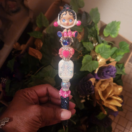 Skull Panda Pink Black Rhinestone Pen (Premade)