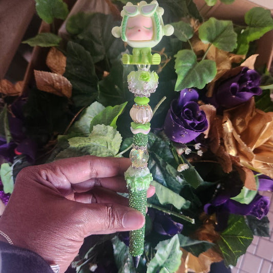 Skull Panda Lime Green Rhinestone Pen (Premade)