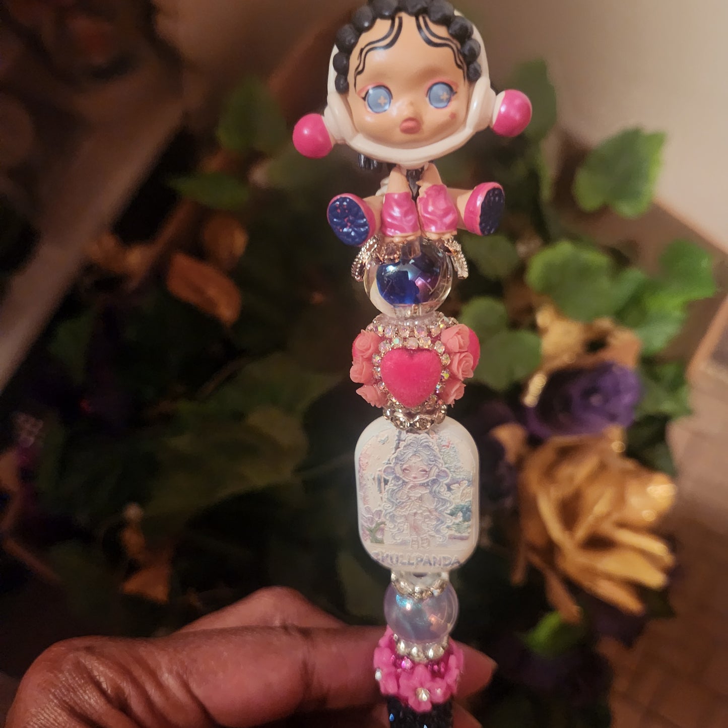 Skull Panda Pink Black Rhinestone Pen (Premade)