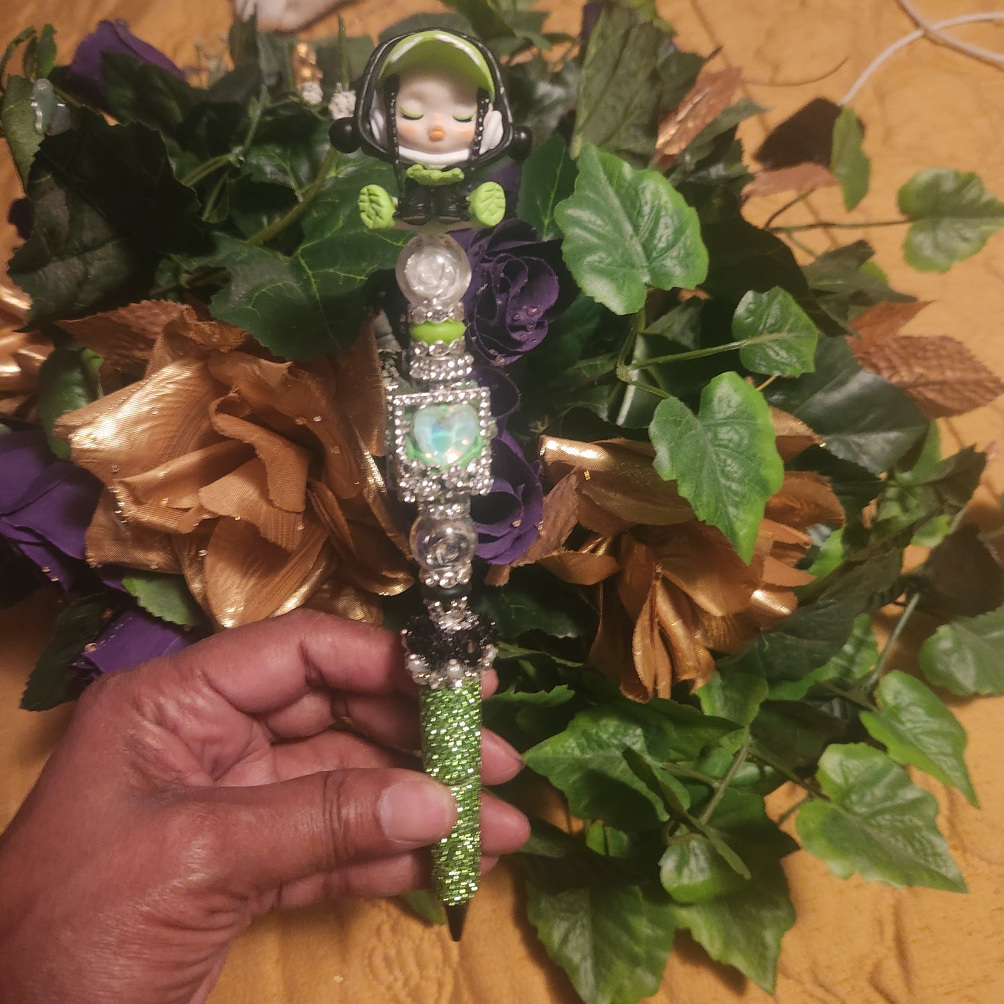 Skull Panda Lime/Black Green Rhinestone Pen (Premade)