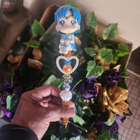 KPop Heart Blue Hair Burnt Orange Rhinestone Pen (Premade)