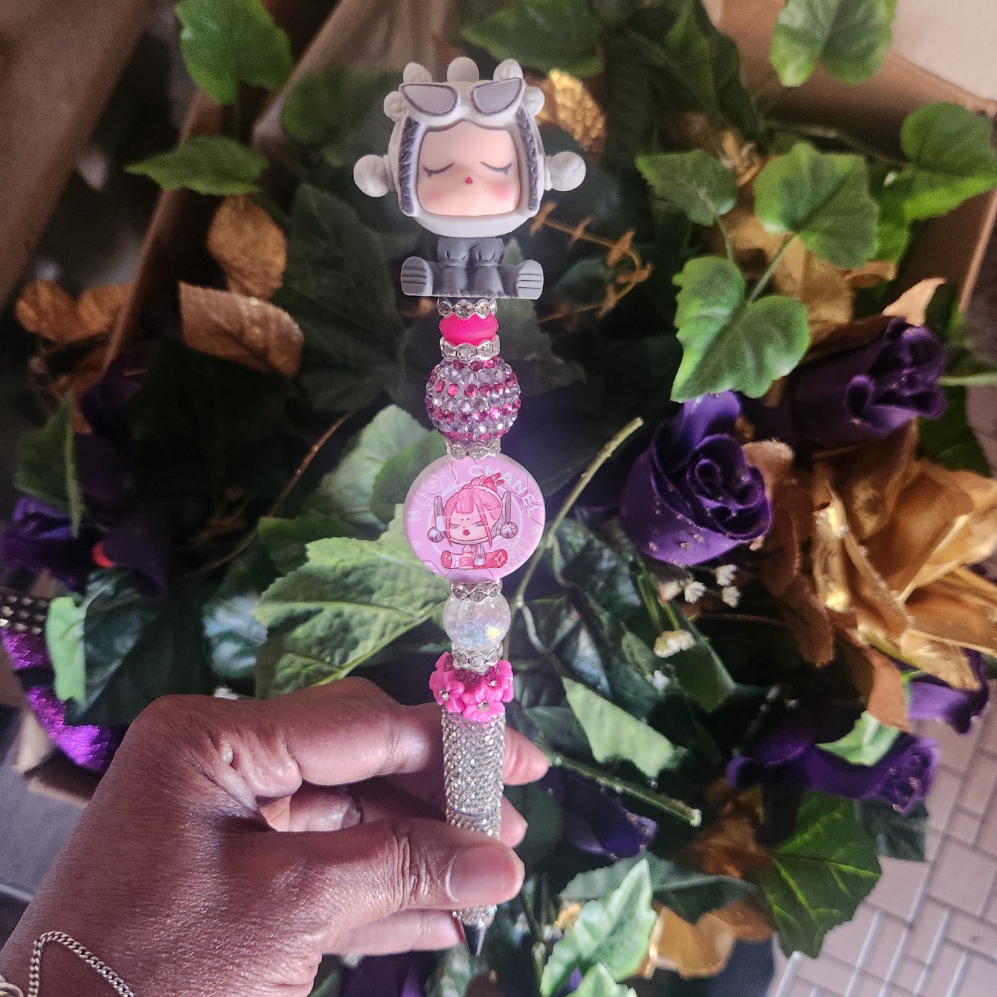 Skull Panda Gray Rhinestone Pen (Premade)