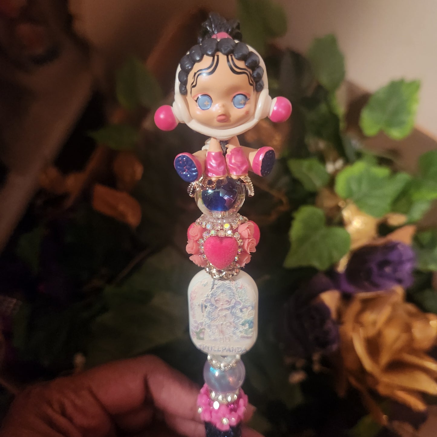 Skull Panda Pink Black Rhinestone Pen (Premade)